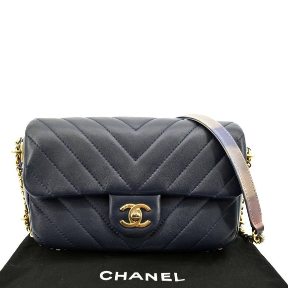 CHANEL  Mini Rectangular Flap Chevron Leather Crossbody Bag Navy Blue - Picture 4 of 12
